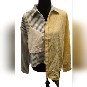 Fashion Nova Blue and Yellow Striped Button Down Shirt